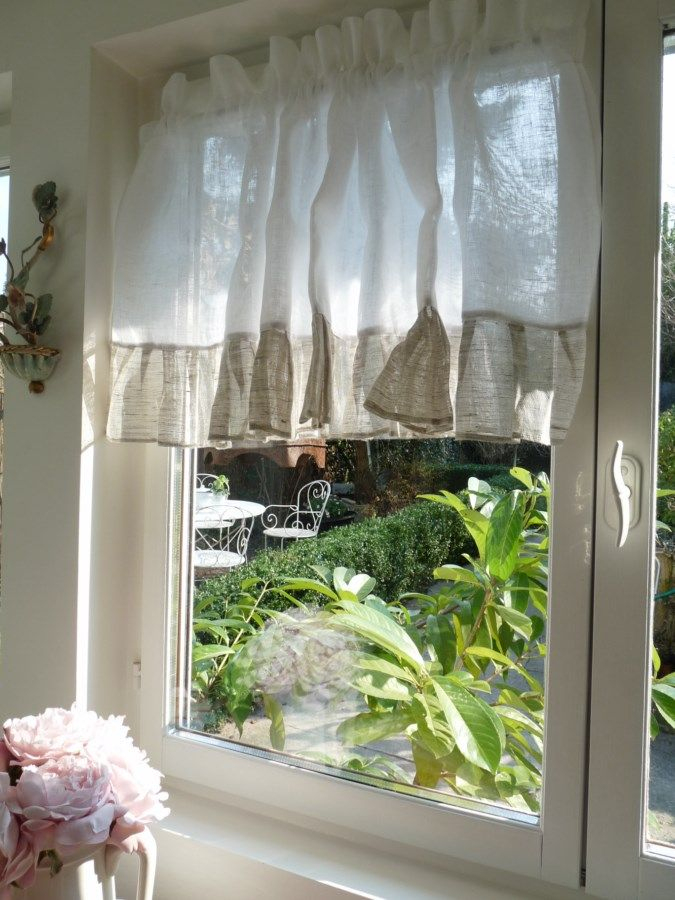 Cantonnières À Volant Blanc/ Beige En Voile De Lin avec Rideaux Largeur 100 Cm Cantonnières À Volant Blanc/ Beige En Voile De Lin avec Rideaux Largeur 100 Cm