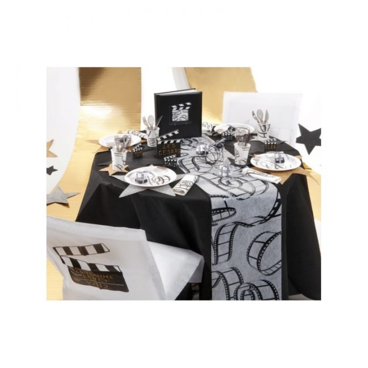 Chemin De Table Cinéma Intissé Blanc Noir dedans Chemin De Table Cinema