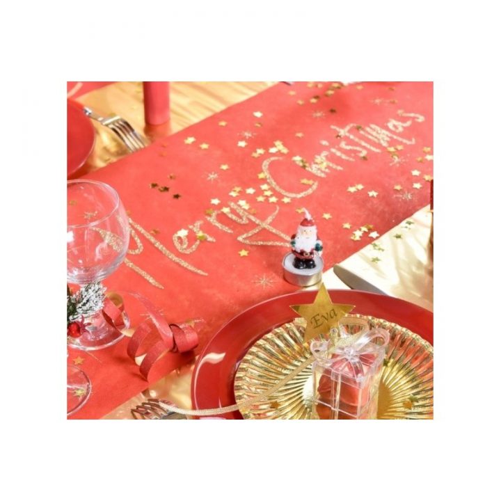Chemin De Table Noël Rouge Or Merry Christmas : Chemin De concernant Chemin De Table Intissé Rouge