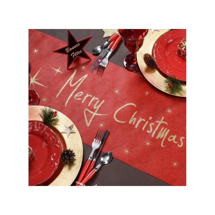 Chemin De Table Noël Rouge Or Merry Christmas Intissé 5 M dedans Chemin De Table Intissé Rouge
