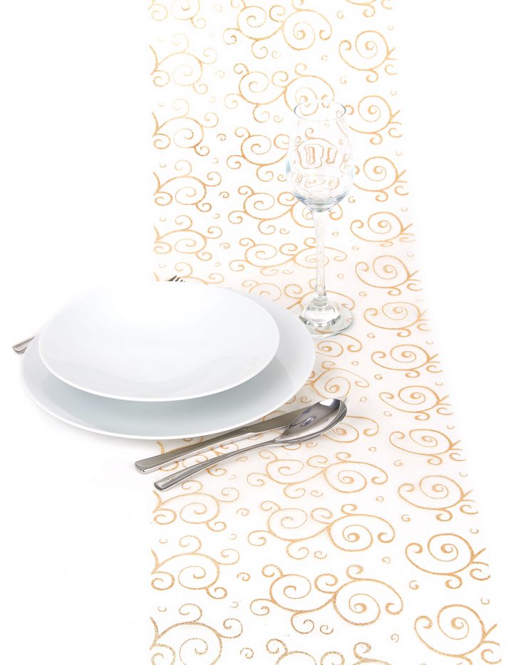 Chemin De Table Organza Doré Arabesques Pailletées 5 M encequiconcerne Chemin De Table Doré