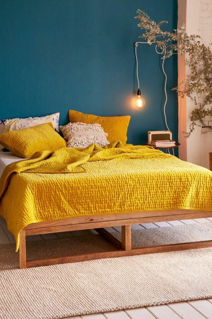 Déco Salon – Mur-Bleu-Canard-Chambre-Jaune-Moutarde-Mur pour Rideau Jaune Et Bleu