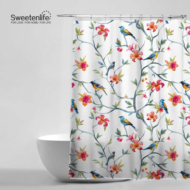Fleurs Et Oiseaux Rideaux De Douche Salle De Bains Rideau pour Rideaux A Fleurs