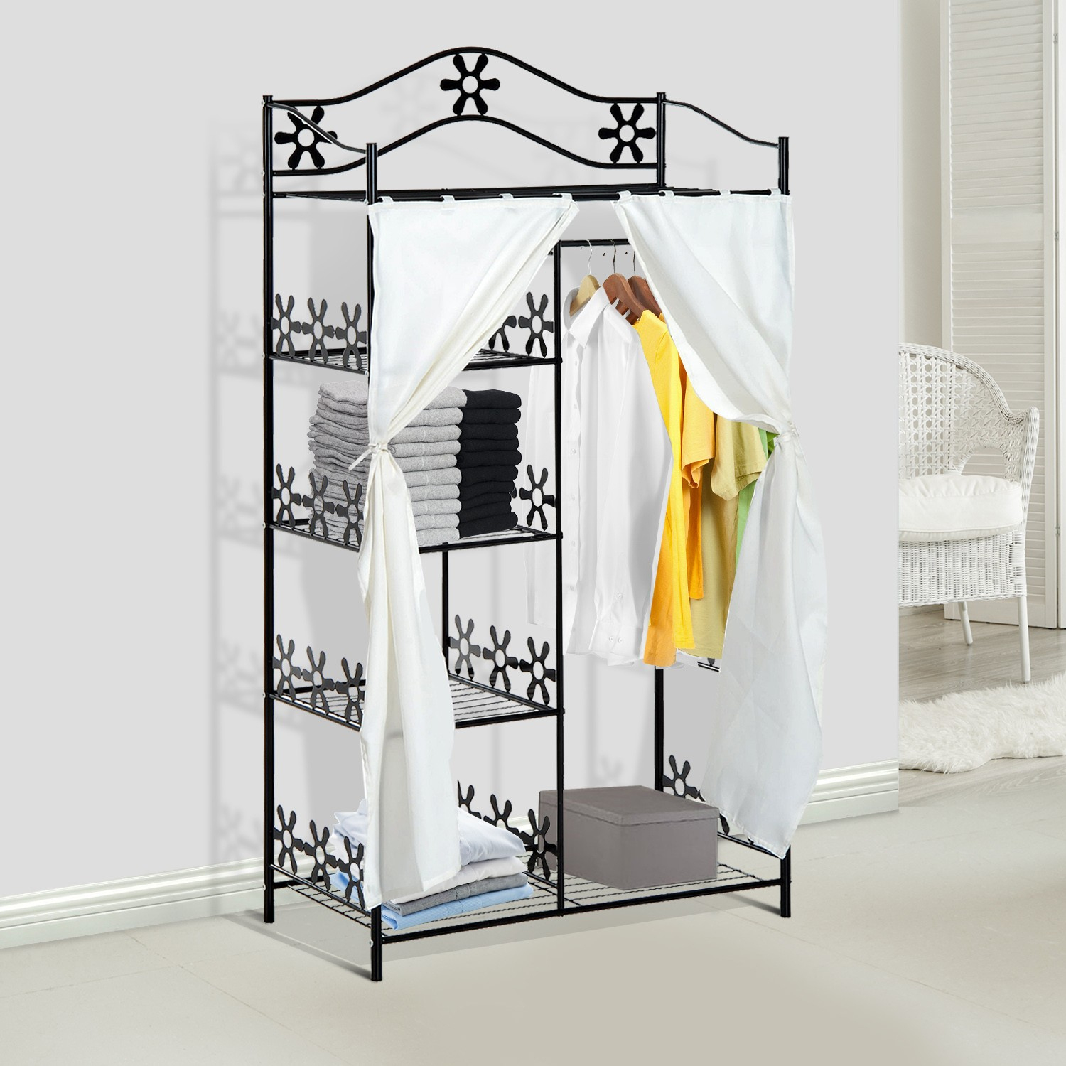 Homcom Armore Penderie Armoire De Rangement En Métal 2 avec Rideau Pour Penderie
