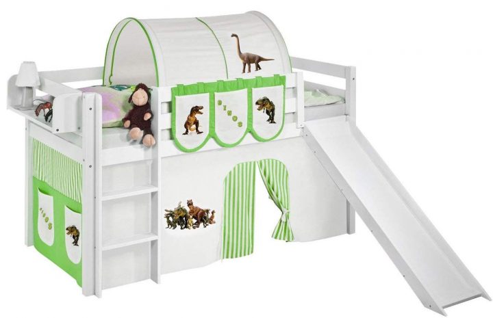 Lit Mezzanine Blanc Avec Toboggan Et Rideau Dinosaures intérieur Rideau Pour Lit Mezzanine
