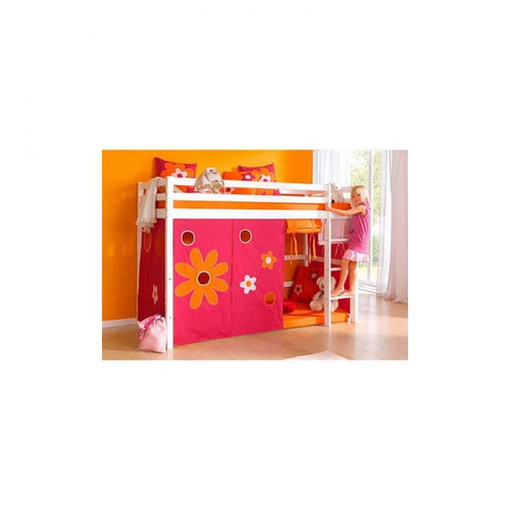 Lit Mezzanine Pour Enfants Laqué Blanc Avec Rideau Matelas encequiconcerne Rideau Pour Lit Mezzanine