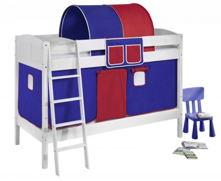 Lit Superposé Blanc Laqué Et Rideau Bleu Et Rouge 90X200 destiné Rideau Pour Lit Superposé Lit Superposé Blanc Laqué Et Rideau Bleu Et Rouge 90X200 destiné Rideau Pour Lit Superposé