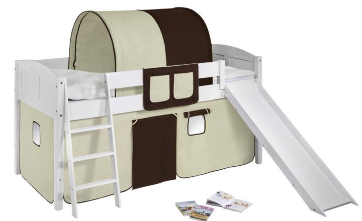 Lit Surélevé Blanc Laqué Toboggan Ida – Rideau Beige Et à Rideau Marron Beige Lit Surélevé Blanc Laqué Toboggan Ida – Rideau Beige Et à Rideau Marron Beige