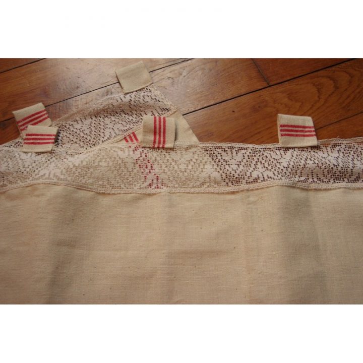 Paire Rideaux Linges Anciens | Torchon Lin Écru Bandes avec Rideaux Avec Noeuds Paire Rideaux Linges Anciens | Torchon Lin Écru Bandes avec Rideaux Avec Noeuds
