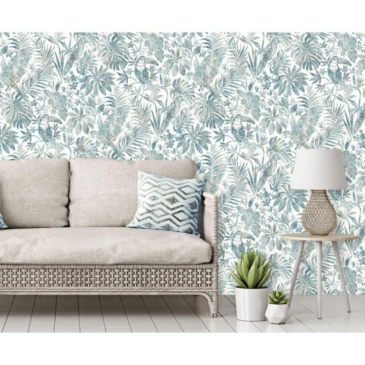 Papier Peint Feuillage Tropical Et Oiseaux – Bleu Et avec Rideaux Feuillage Tropical