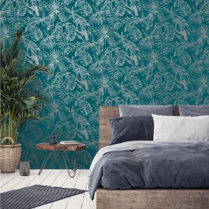 Papier Peint Feuillage Tropical Et Oiseaux – Bleu Et Gris encequiconcerne Rideaux Feuillage Tropical