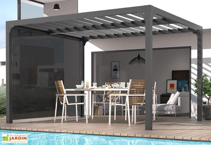 Pergola Bioclimatique Lames Orientables 11 M² + Rideau destiné Rideau Pour Pergola