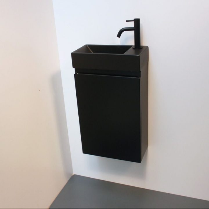 Petit Meuble Lave-Mains Laqué Noir, Vasque En Céramique intérieur Toilettes Noires