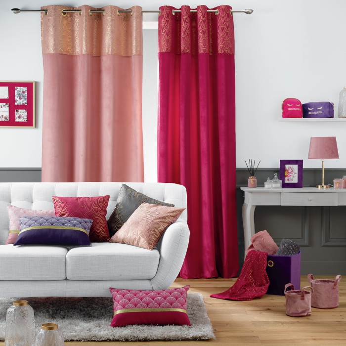 Rideau A Oeillets 140 X 240 Cm Velours+Top Imprime Or concernant Rideau Framboise