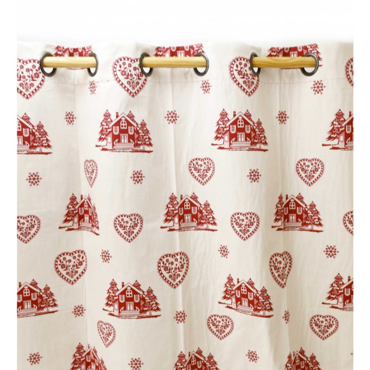 Rideau À Oeillets Rouge Et Blanc Motif Montagne En Coton intérieur Rideaux Coton Blanc Oeillets
