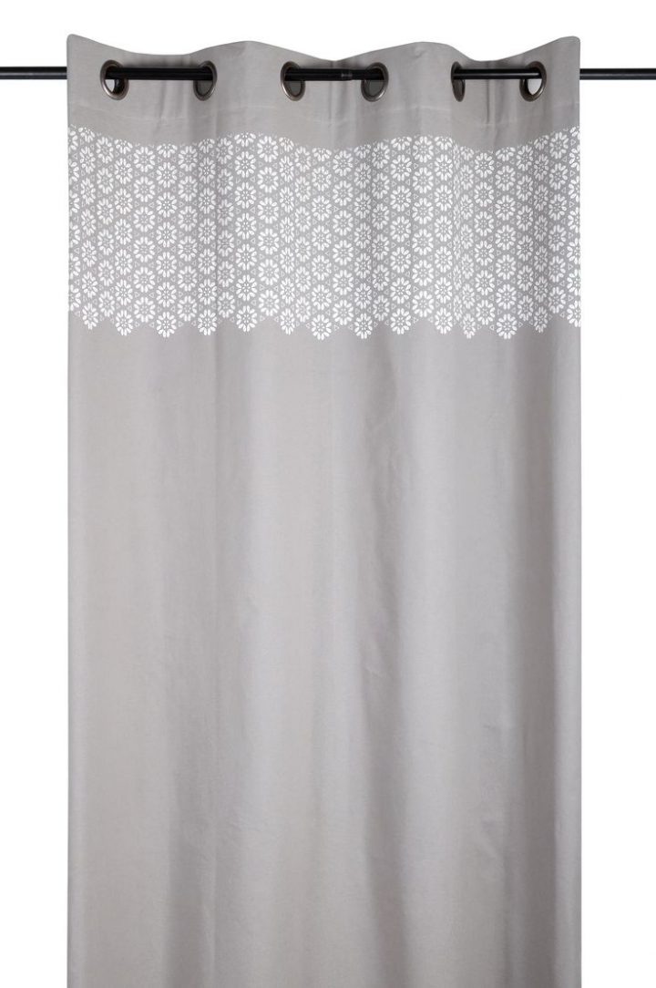 Rideau Charme Motif Fleurs Géométriques Gris Et Blanc concernant Rideaux Coton Blanc Oeillets