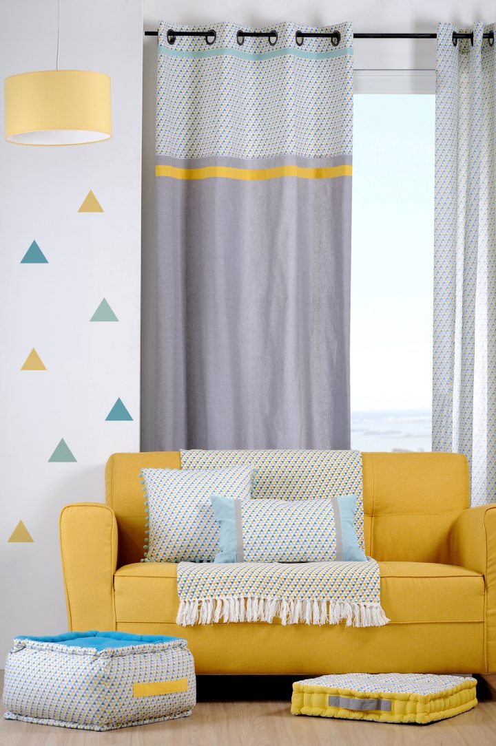 Rideau Gris Motifs Géométriques Bleu Jaune Gris Et Bandes intérieur Rideau Jaune Et Bleu