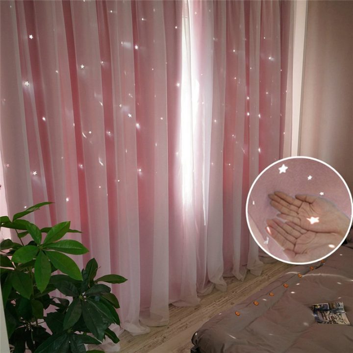 Rideau Occultant Avec Voilage Ajouré Étoile Couleur Pure 2 dedans Rideau Occultant Fille