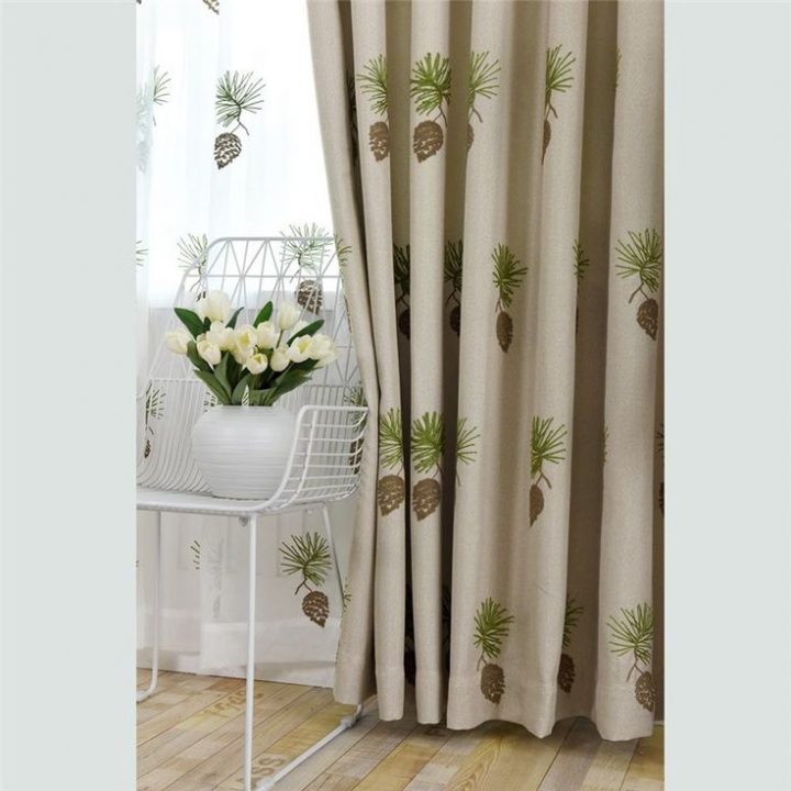 Rideau Occultant Beige En Lin Brodé Pomme De Pin Pour serapportantà Rideau En Lin Beige
