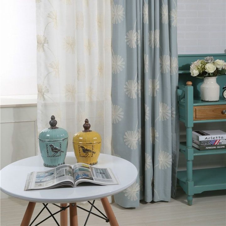 Rideau Occultant Brodé En Coton Écologique Bleu Pissenlit dedans Rideau Semi Occultant