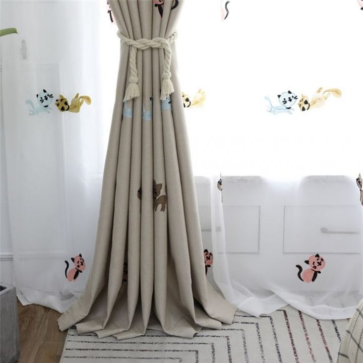 Rideau Occultant En Coton Lin Brodé Chat Souriant Pour concernant Rideau Semi Occultant