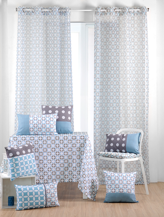 Rideau Voilage Bleu Gris Motifs Géométriques 135X260Cm À concernant Rideau Lin Bleu Gris