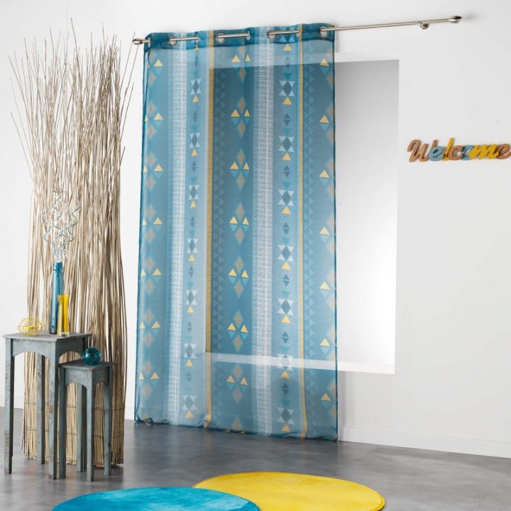 Rideau Voilage "Ethnie" 140X240Cm Bleu serapportantà Rideau Voilage Bleu