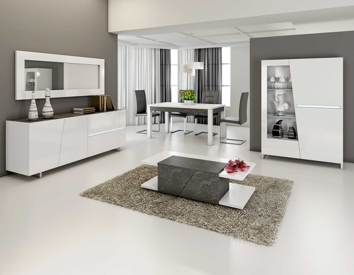 Salle À Manger Complète Laqué Blanc Et Ardoise Design Joshua tout Salle A Manger Complete Moderne