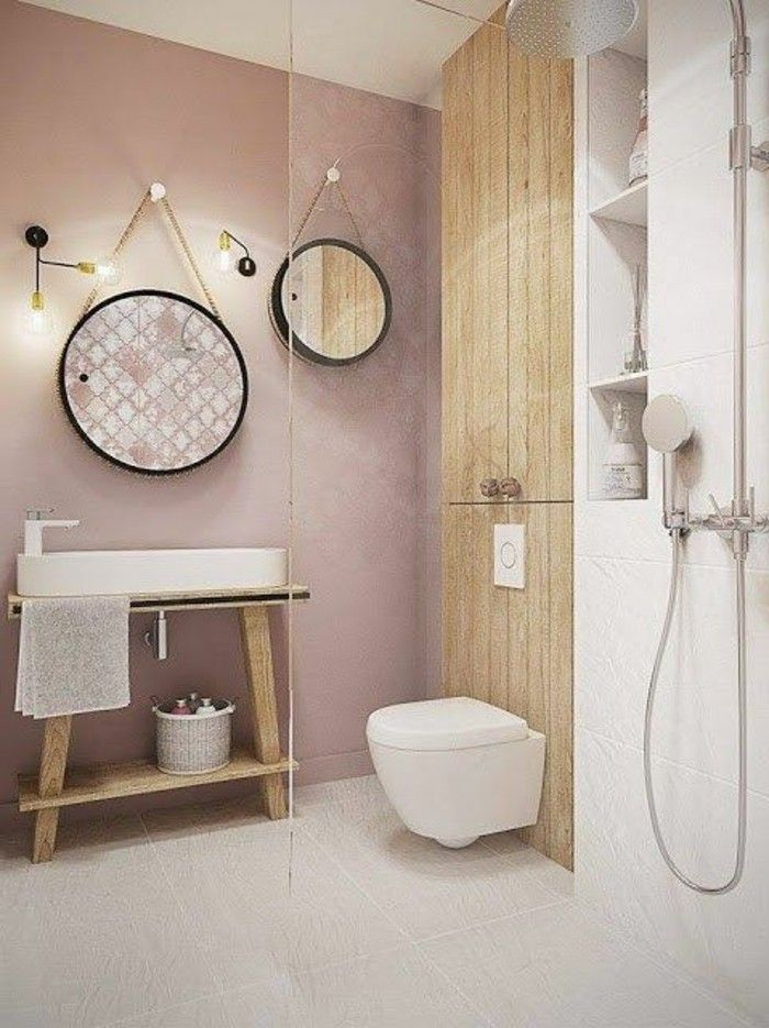Salle De Bain Rose Pale, Miroir Rond, Lustres Design concernant Luminaire Toilette
