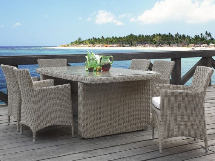 Table + 6 Fauteuils Jardin Kuopio Résine Tressée Beige avec Salle A Manger De Jardin