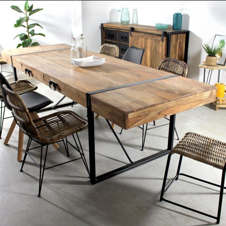 Table À Manger Avec Allonges En Acacia Foncé En 2019 concernant Table Salle A Manger Bois Metal