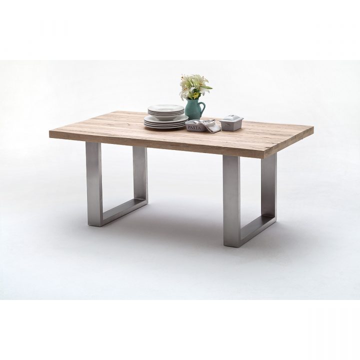Table De Salle À Manger Marron Contemporain En Bois Massif avec Salle A Manger Chene Blanchi