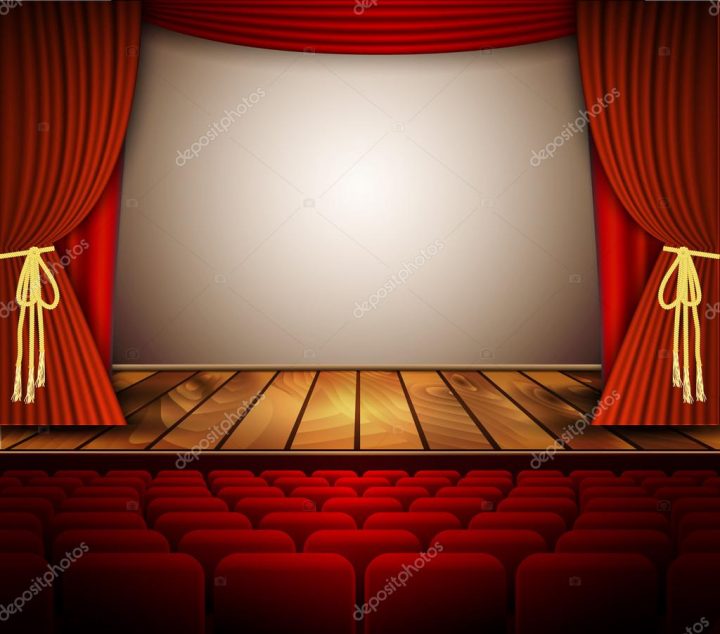 Une Scène De Théâtre Avec Un Rideau Rouge, Sièges — Image tout Rideau De Theatre