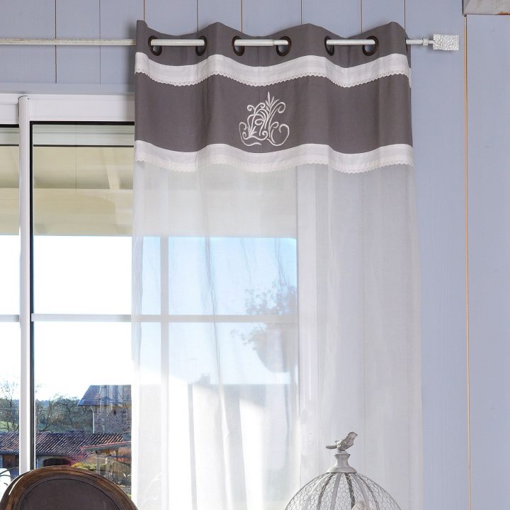 Voilage À Illets 100% Coton Parement Brodé Lettres Gris tout Rideau Voilage Blanc Et Gris