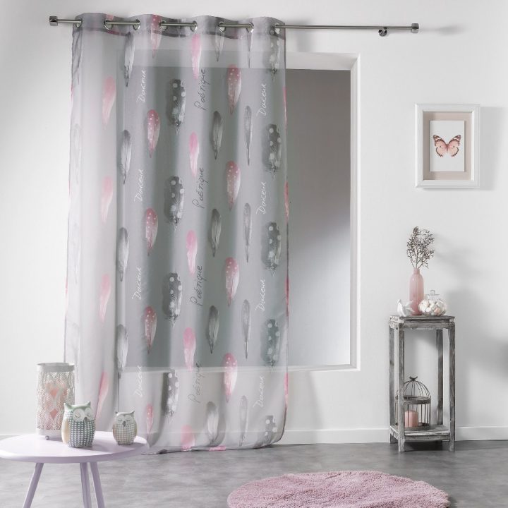 Voilage À Oeillets Zen Gris Motif Plume – Voilage – Rideau à Rideau Voilage Blanc Et Gris