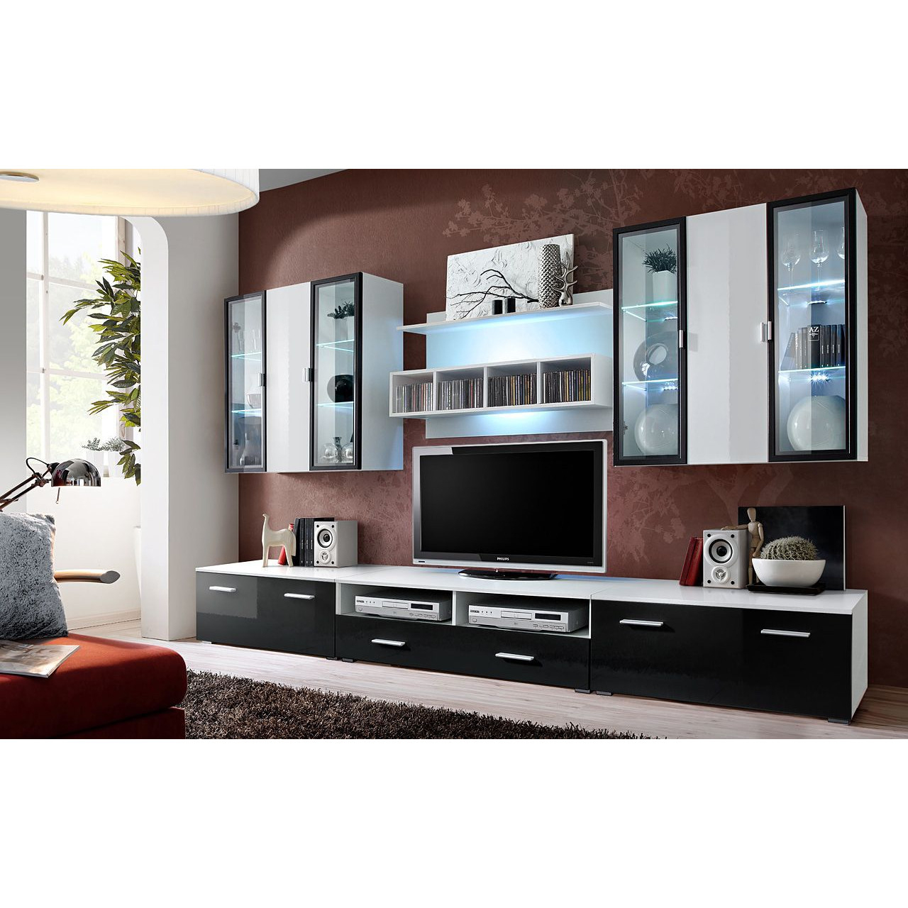 Ensemble 300 Cm Banc Tv + 2 Vitrines + Étagères Coloris dedans Meuble Tv 300 Cm