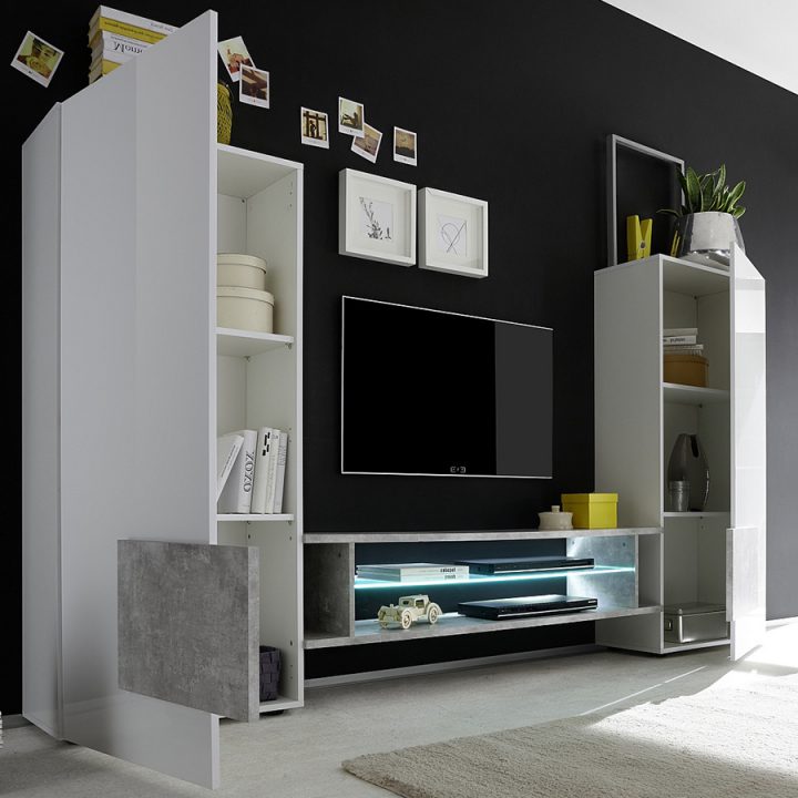 Ensemble Tv Blanc Laqué Brillant Et Couleur Bois | Sofamobili encequiconcerne Meuble Tele Blanc Brillant
