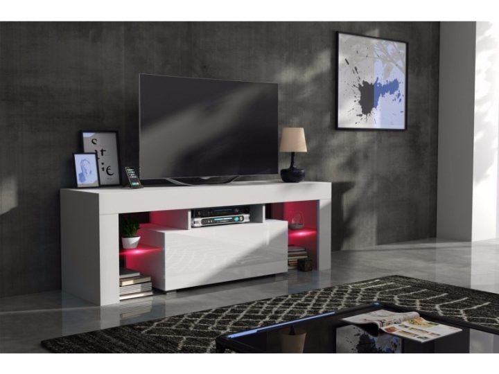 Meuble Tv 130 Cm Corps Blanc Mat Et Porte Laquée Avec Led à Meuble Tv Avec Enceinte Intégré Conforama