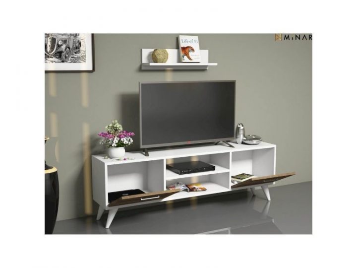 Meuble Tv Avec Étagère Horus – 120 X 48 Cm – Blanc Et Noix encequiconcerne Meuble Tv Avec Enceinte Intégré Conforama