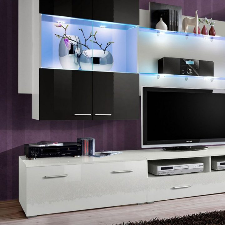 Meuble Tv Mural Design "Space" 300Cm Blanc & Noir serapportantà Meuble Tv 300 Cm