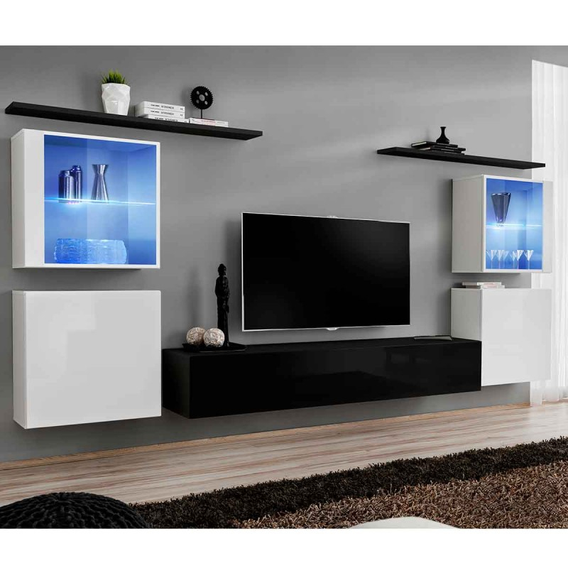 Meuble Tv Mural Design &quot;Switch Xiv&quot; 320Cm Noir &amp; Blanc concernant Theta Design Meuble Tv