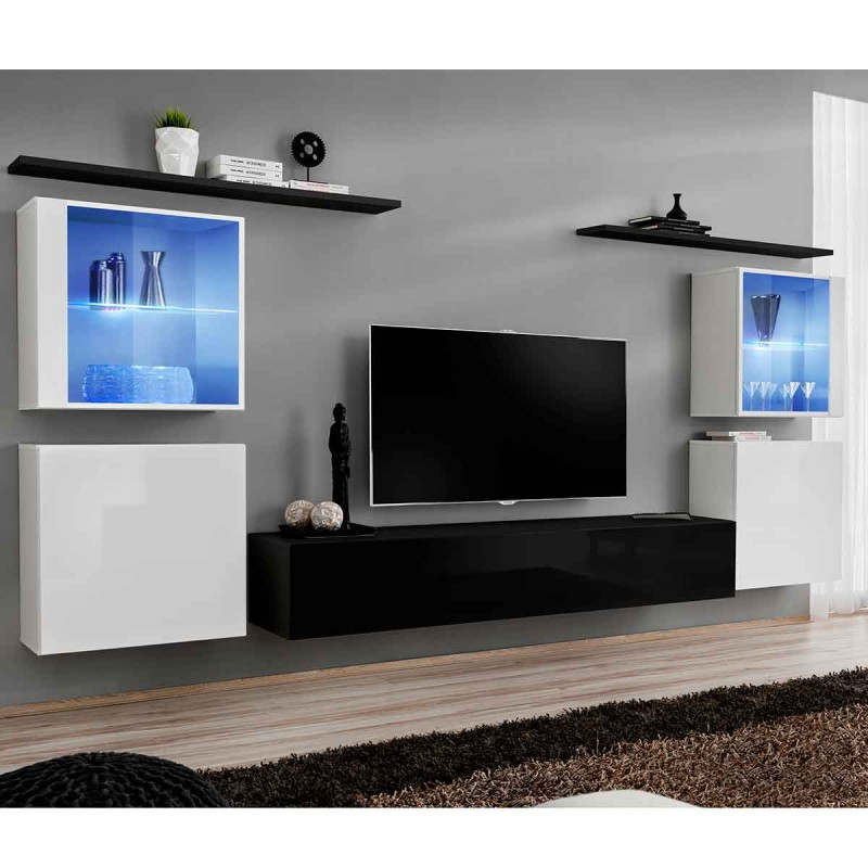 Meuble Tv Mural Design "Switch Xiv" 320Cm Noir &amp; Blanc concernant Theta Design Meuble Tv