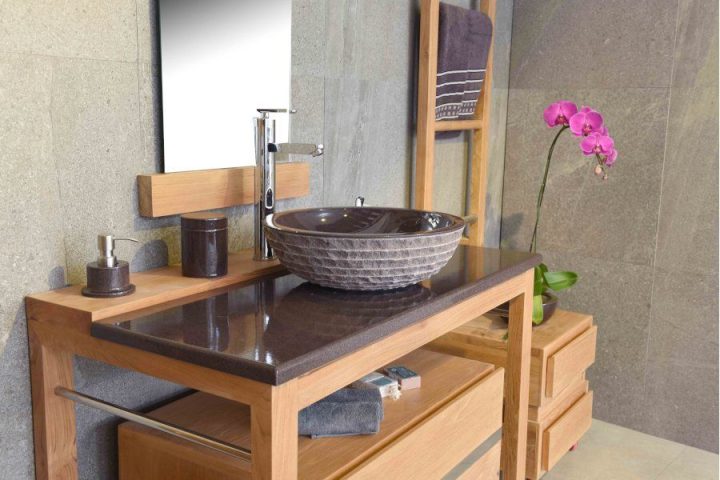 Meuble Vasque En Teck 80 Ou 100 Cm Avec Plan En Pierre De dedans Fabriquer Un Meuble Sous Vasque En Bois