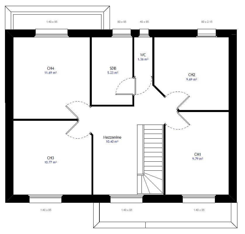 plan maison en h 4 chambres