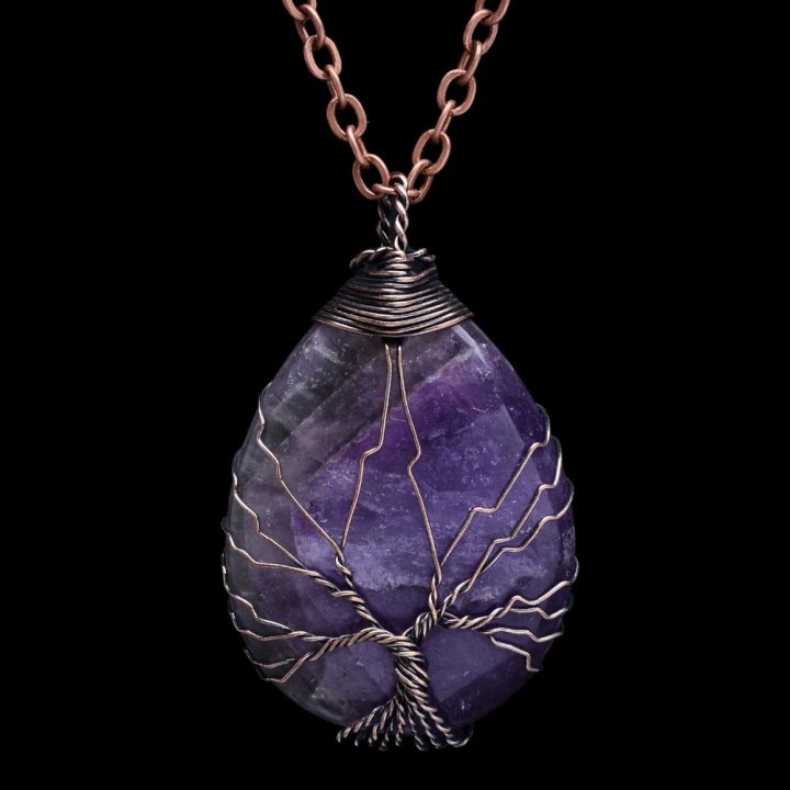 Collier Et Pendentif “Arbre De Vie” Pierre Rose Améthyste avec Pierre Chemin De Vie