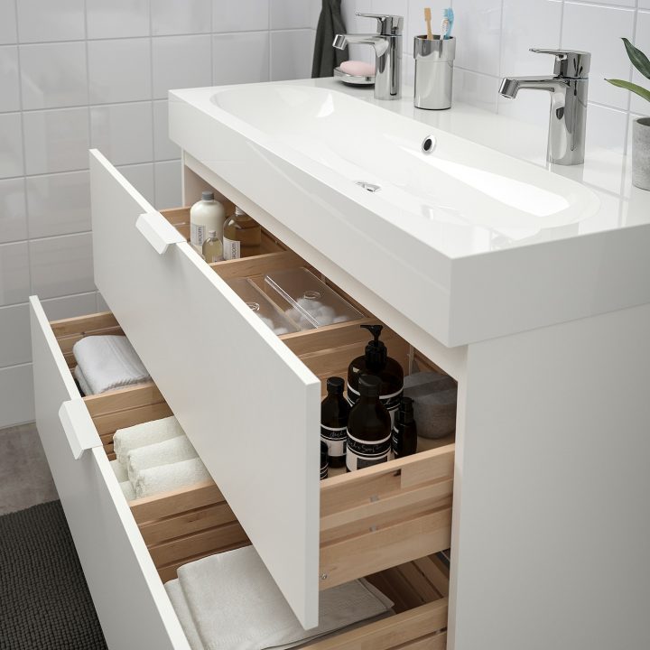 Godmorgon / Bråviken Meuble Lavabo 2Tir – Blanc/Mitigeur Lavabo Brogrund  100X48X68 Cm dedans Vasque 100 Cm 2 Robinets Ikea