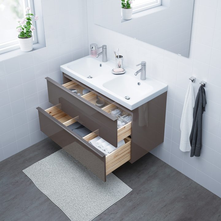 Godmorgon / Odensvik Meuble Lavabo 2Tir – Brillant Gris/Dalskär Mitigeur  Lavabo 103X49X64 Cm serapportantà Vasque 100 Cm 2 Robinets Ikea