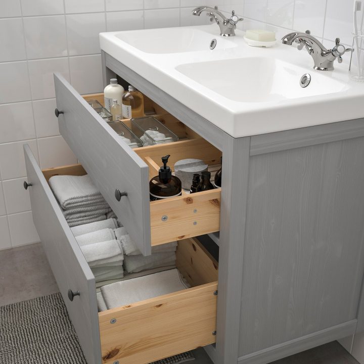 Hemnes / Odensvik Meuble Lavabo 2Tir – Gris/Runskär Mitigeur Lavabo  103X49X89 Cm destiné Vasque 100 Cm 2 Robinets Ikea