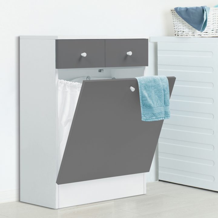 Meuble Avec Bac À Linge Intégré En Bois Gris Blanc Idmarket serapportantà Meuble Panier À Linge Intégré