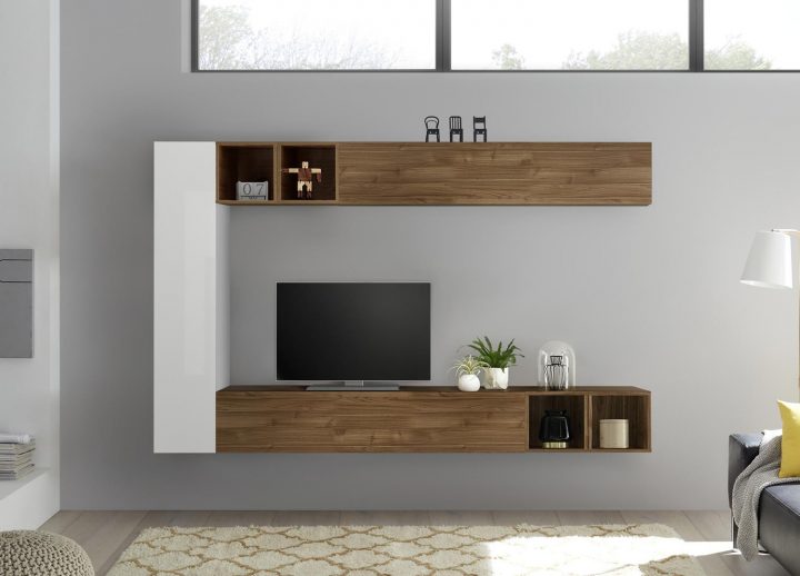 Meuble Tv Mural Blanc Et Bois Pour Salon avec Meuble Tv Mural Design Italien